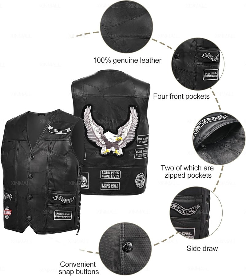 XINMALL Motorcycle Genuine Leather Biker Vest for Men Club Style Classic Black With Patches - Image 4